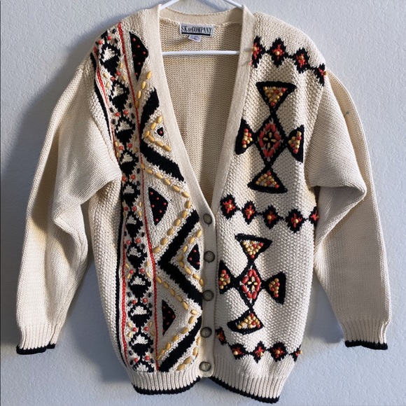 Vintage Tribal Beaded Button Down Cardigan Grandpa Sweater - Picture 1 of 7